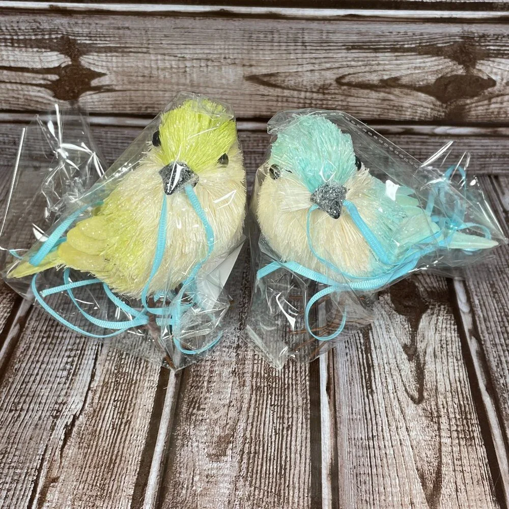 Set of 4 Pastel Sisal Bird Ornament Christmas Tree Spring Easter Decorations NEW